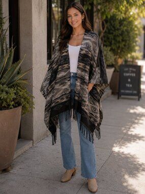 Oversized Multi Color Aztec Print Fringe Pancho/Scarf Size OS